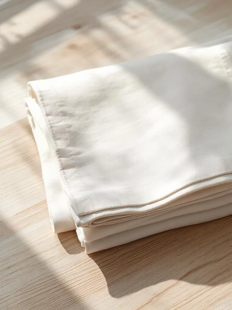 Tablecloth manufacturer Karachi Pakistan showing folded cream cotton tablecloth with double-fold hem, top view